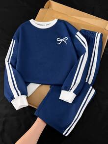 SHEIN Tween Girls Tween Girl Autumn/Winter Simple Side Stripe Casual Bow Print Long Sleeve Pants Set - Multicolor - View 1
