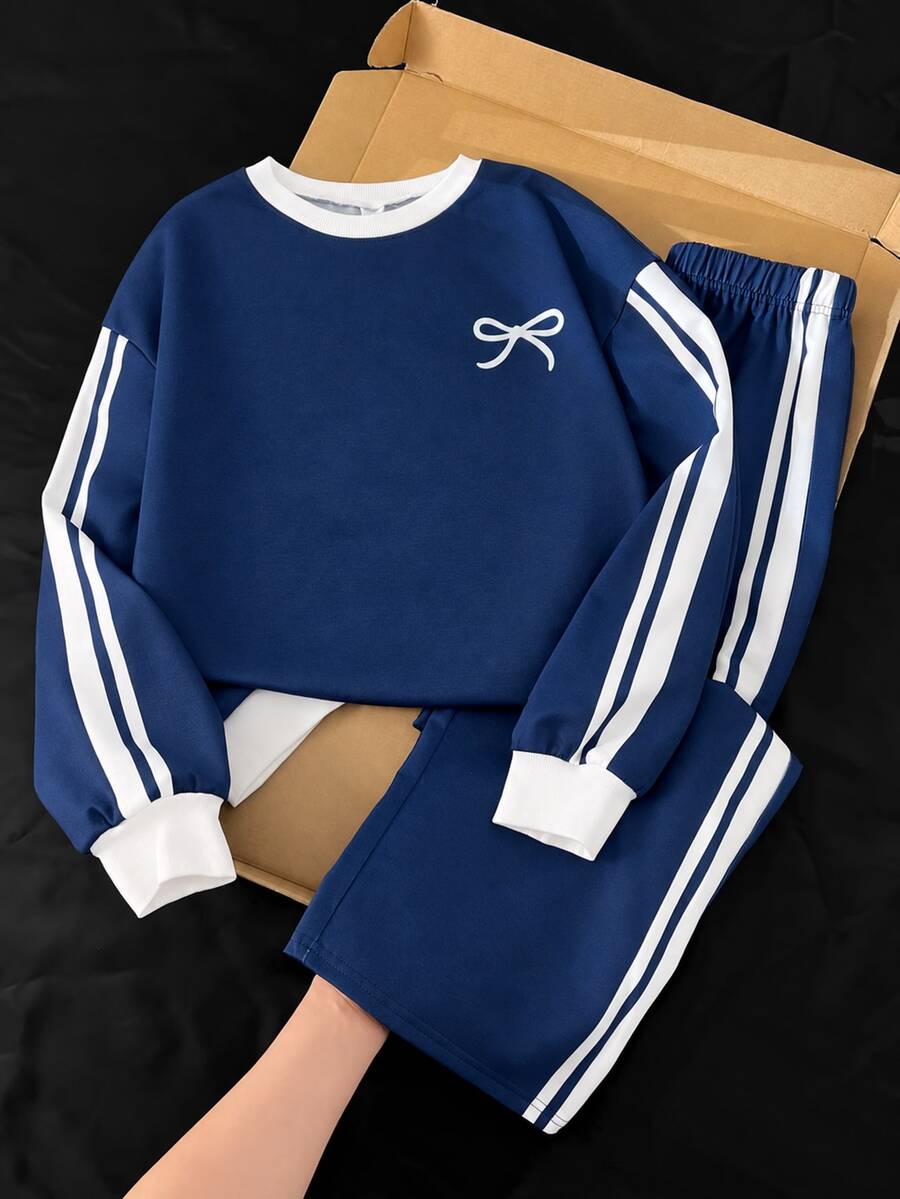 SHEIN Tween Girls Tween Girl Autumn/Winter Simple Side Stripe Casual Bow Print Long Sleeve Pants Set - Multicolor - View 1