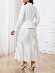 SHEIN Lady Women's Solid Color Lapel Neck Double-Breasted Long Sleeve Blazer Suit - White - View 2