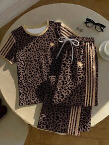 SHEIN EZwear 2pcs/Set Embroidered Round Neck Short Sleeve Top And Striped Print Pants, Casual - Multicolor - View 4