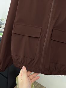 SHEIN 青少年女孩編織素色貼口袋短版寬鬆休閒連帽外套 - 棕色 - 查看 9