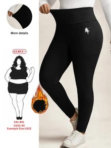 SHEIN CURVE+ 大尺碼女款亮片高彈性緊身內搭褲 - 黑色 - 查看 2