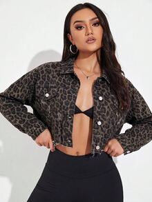 Jeanoix 女款戶外時尚四季通用多口袋豹紋寬鬆棕色牛仔外套 - 棕色 - 查看 1