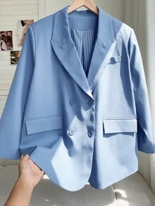 Comfortcana 女款大尺碼休閒商務通勤雙排扣西裝外套 - 藍色 - 查看 7