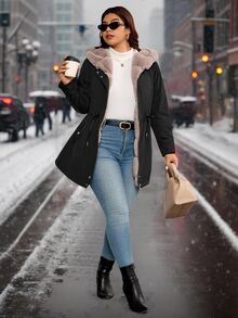 SHEIN CURVE+ معطف باركا شتوي مبطن بفرو تيدي مع خصر مشدود وغطاء رأس - الأسود - مشاهدة 9
