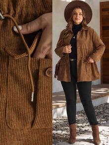 EMERY ROSE Plus Drawstring Waist Button Front Coat - Brown - View 8