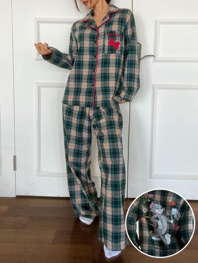 TOM AND JERRY X DAZY Conjunto de pijama de otoño/invierno con estampado de lazos y cuadros navideños, top de manga larga y pantalones holgados para mujer