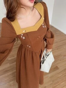 Feyla Women's Floral Embroidered Pleated Casual Party Summer Midi Dress - Brown - View 4