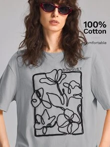 Ontre 女款舒適高級面料刺繡修身圓領落肩短袖前繩刺繡高級工藝裝飾弧形下擺四季百搭現代辦公穿著低調老錢風優雅高品質通勤機場度假遊牧休閒時尚演唱會穿搭精緻工藝特別系列T恤 - 灰色 - 查看 4