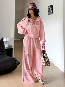 StreetHx Women's Pink Distressed Style Printed Hoodie Jacket + Long Pants 2 Pieces Set - Pink - View 5