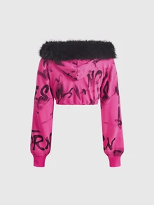 ROMWE Street Life Sweatshirt Crop Top Warna Pink Mawar Gaya Jalanan Hot Girl dengan Cetakan Grafiti Huruf, Kerah Fleece, Panjang Pendek, Set 2 Potong untuk Wanita - Berwarna merah muda - View 8