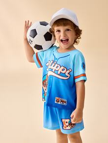 Blippi X SHEIN Young Boys Crew Neck Striped Letter Print T-Shirt And Shorts Set - Blue - View 6
