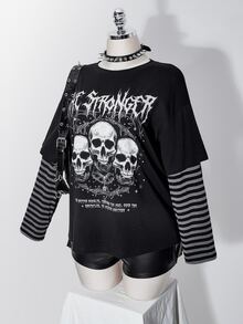 SHEIN ICON Women Plus Size Letter Skull Print Patchwork Striped 2 In 1 T-Shirt - Black - View 7