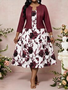 SHEIN Lady Plus Size Women Solid Color Long Sleeve Jacket & Floral Print Dress 2pcs Set - Burgundy - View 1