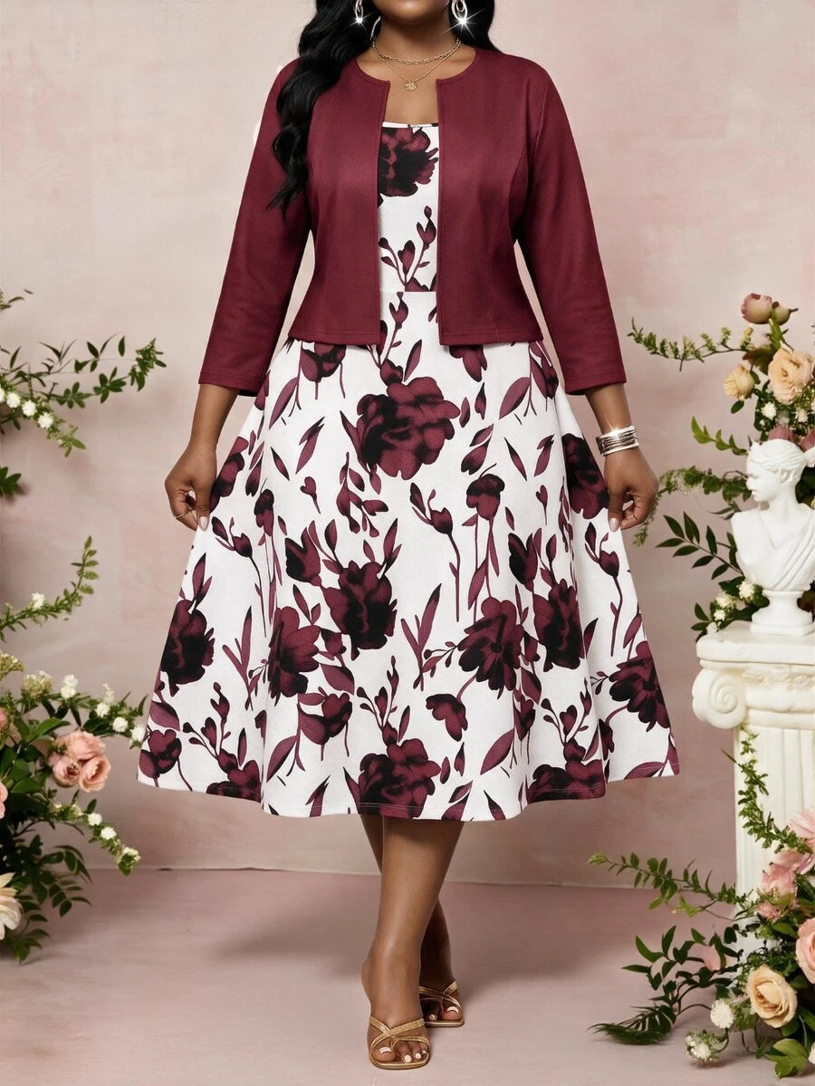 SHEIN Lady Plus Size Women Solid Color Long Sleeve Jacket & Floral Print Dress 2pcs Set - Burgundy - View 1