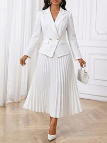 SHEIN Lady Women's Solid Color Lapel Neck Double-Breasted Long Sleeve Blazer Suit - White - View 1