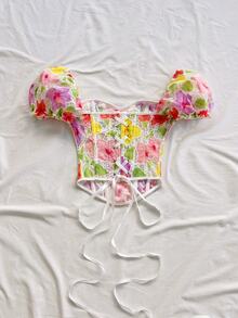 Soleia Corset Top For Women Sexy Textured Sheer Floral Lace Bustier Going Out Lace-Up Corset Overbust Top - Multicolor - View 2