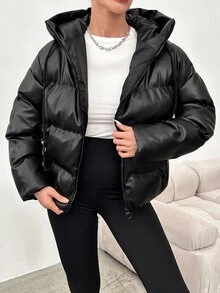 SHEIN Solid Color Zip Up Padded PU Coat - Black - View 1