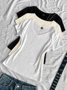SHEIN EZwear 3件組女款夏季V領修身T恤，龐克次文化動漫純色基本款V領短袖修身T恤 - 彩色 - 查看 1