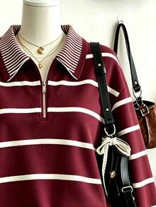 Lalippa 休閒條紋 Polo 運動襯衫，女款學院風半拉鍊長袖上衣 - 彩色 - 查看 3