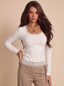 Bluhae Fashionable New Autumn Sexy Long Sleeve Contrast Lace Women T-Shirt - White - View 1