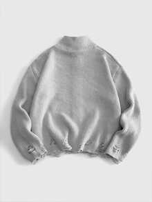 ROMWE MEN Men's Wasteland Skull Print Streetwear Distressed Cardigan Loose Fit Sweater - Light Grey - View 3
