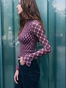 Nöista SMOCK PLAID MESH Stand Collar Flare Sleeve TOP - Burgundy - View 1