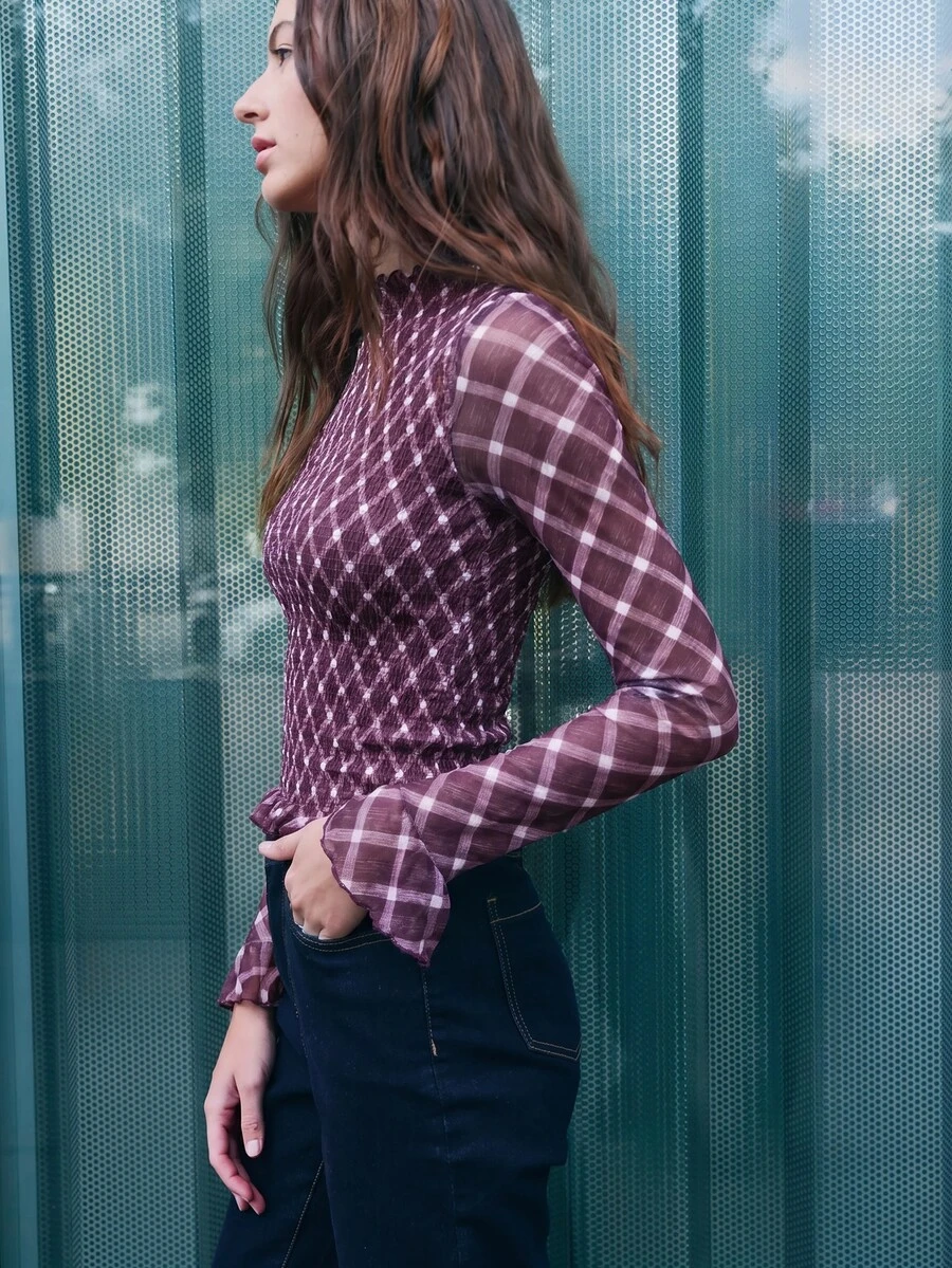 Nöista SMOCK PLAID MESH Stand Collar Flare Sleeve TOP - Burgundy - View 1