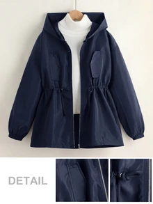 SHEIN 青少年女孩寬鬆休閒連帽極簡純色收腰長袖百搭風衣 - 藍色 - 查看 6