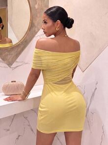 Slaydiva Women Pale Yellow Off Shoulder Ruched Mesh Mini Dress Cross Wrap Waist Cutout Bodycon Sexy Vacation Club Party Short Dress Cocktail Going Out - Light Yellow - View 8