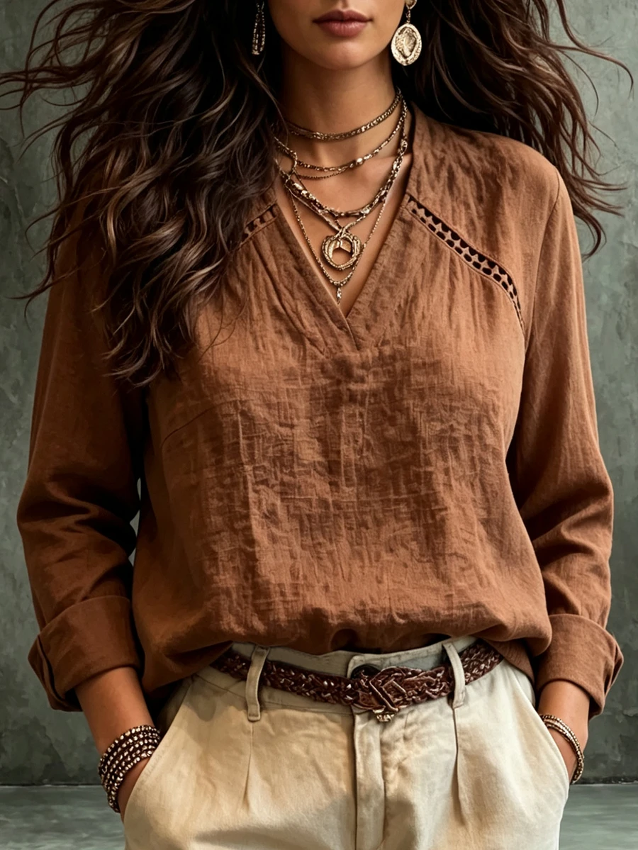 Linhara CURVE Women's Plus Size Faux Linen V-Neck Patchwork Lace Hollow Out Blouse Long Sleeve Loose Brown Shirt Fall - Brown - View 1