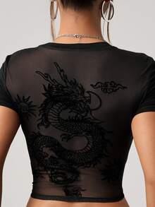 SHEIN ICON Y2K 女款萬聖節網紗露背短版上衣 透視黑色街頭風哥德性感龍圖案休閒日常短袖T恤 - 黑色 - 查看 7