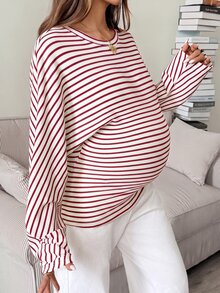 SHEIN 孕婦條紋印花蝙蝠袖T恤 - 紅色 - 查看 4
