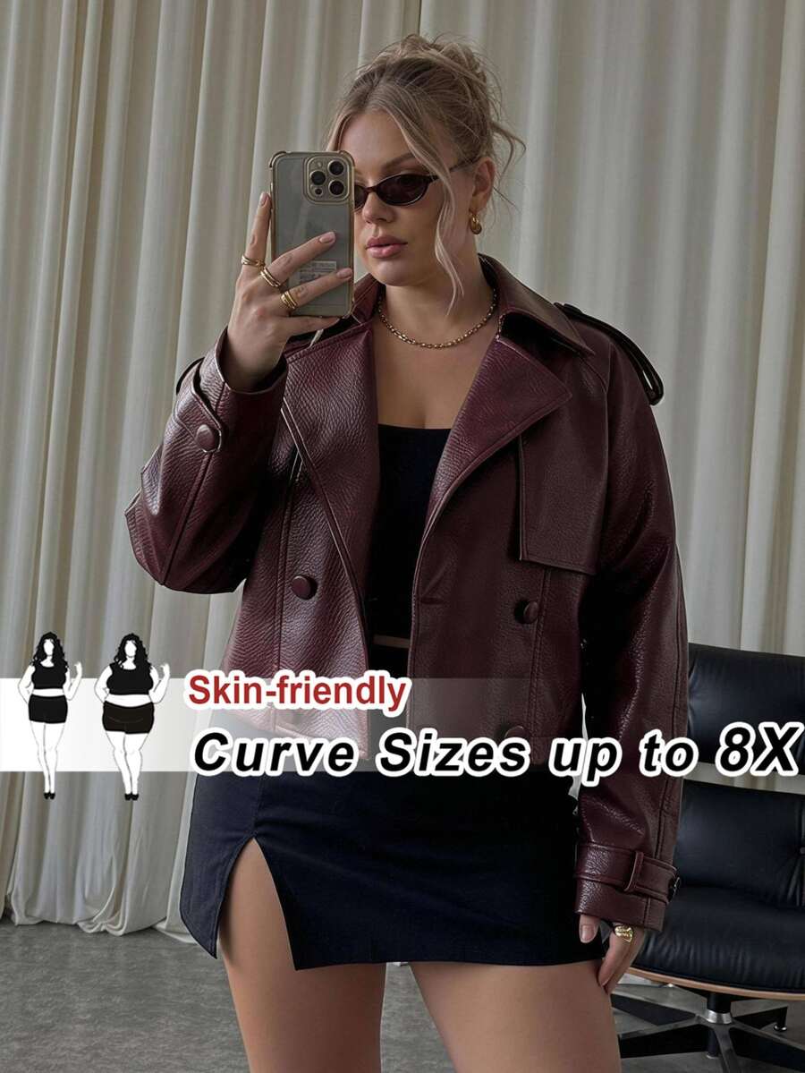 SHEIN CURVE+ Plus Size Double Breasted Lapel Pocket Long Sleeve Cropped PU Jacket Winter - Rust Brown - View 1