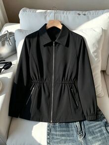 SHEIN LUNE Plus Size Casual Autumn/Winter Long Sleeve Lapel Metal Zipper Pocket Jacket - Black - View 1