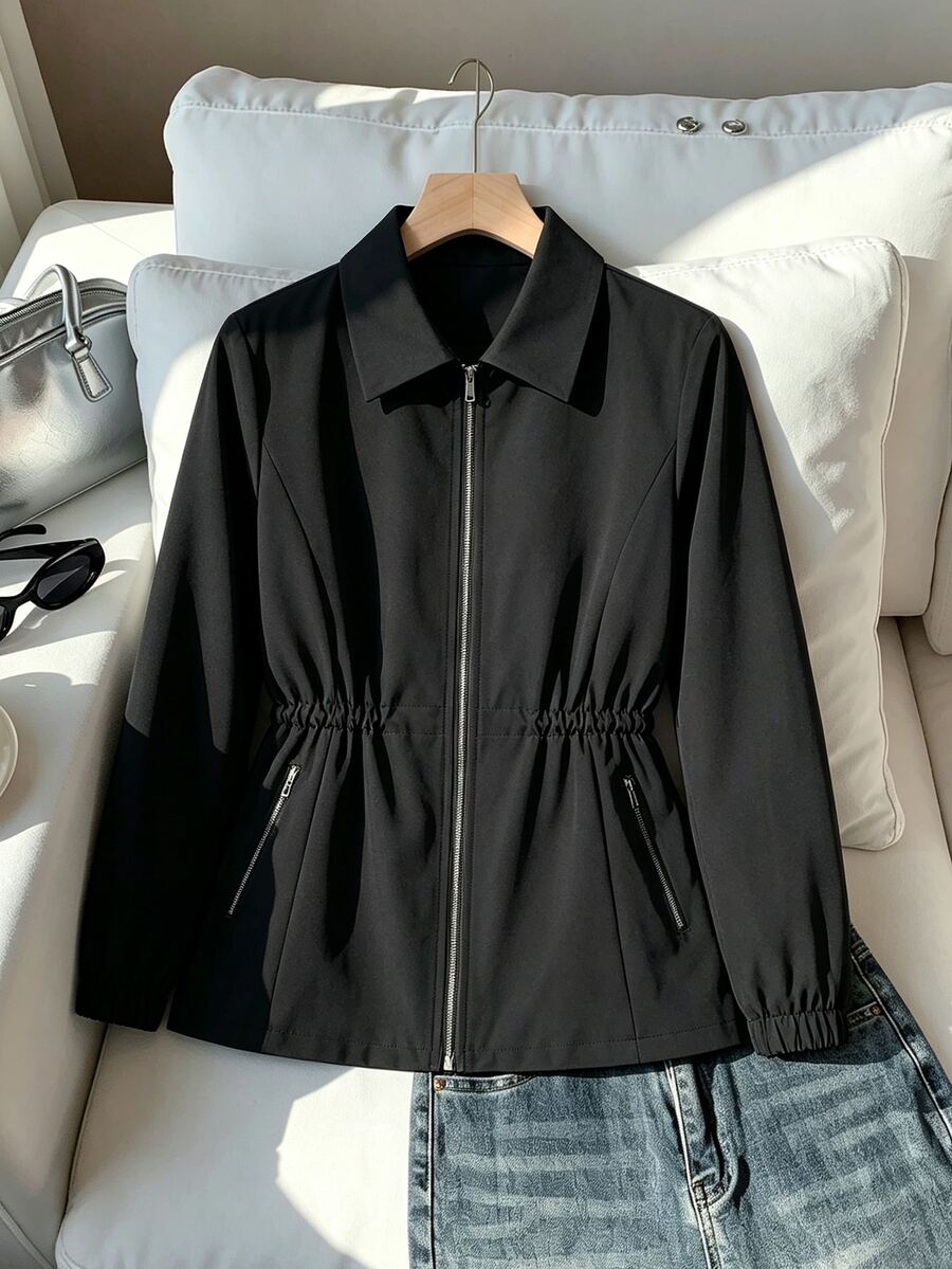 SHEIN LUNE Plus Size Casual Autumn/Winter Long Sleeve Lapel Metal Zipper Pocket Jacket - Black - View 1