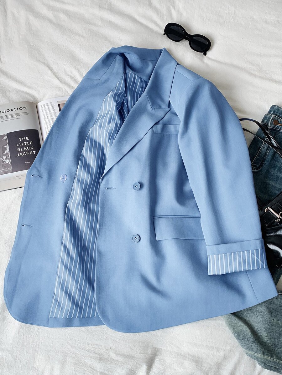 Comfortcana Women Plus Size Casual Business Commute Double Breasted Blazer - Blue - View 1