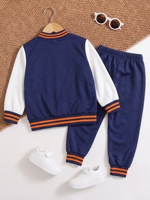 SHEIN 2件組小男孩休閒風海軍藍配色拼色紐約字母印花飛行夾克+長褲套裝，萬聖節服飾，秋季套裝，冬季 - 藏蓝色 - 查看 2