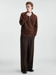 RONVEXI Men's Fashion Textured Zipper Half-Placket Long Sleeve Sweater - Coffee Brown - View 3