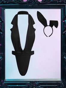 Spicy Aura Women's Lingerie Costume (2pcs Set Jumpsuit, Rabbit Ears) - Black - View 1