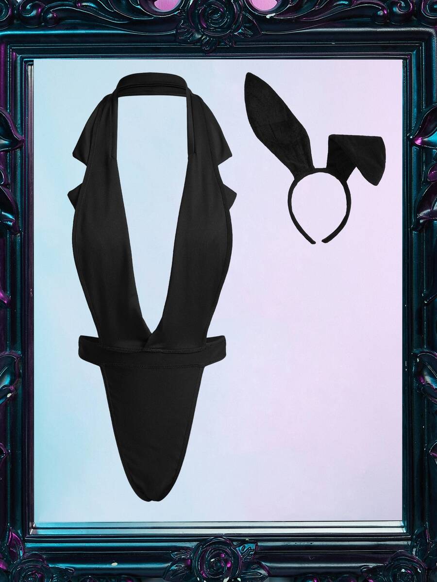 Spicy Aura Women's Lingerie Costume (2pcs Set Jumpsuit, Rabbit Ears) - Black - View 1