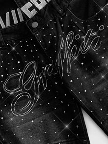 ROMWE MEN Goth Men's Streetwear Double Waistband Embroidered Rhinestone Denim Shorts - Black - View 2