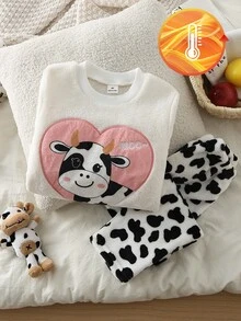 女童幼兒牛刺繡奶油白毛絨睡衣套裝，牛花紋毛絨長褲套頭睡衣家居服 - 彩色 - 查看 4