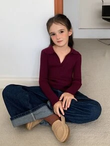 Dazy Kids Tween Girl) Fitted Knit Sweater, Basic Turn Collar Inner Layer, Slim Fit Knit Top - Burgundy - View 5