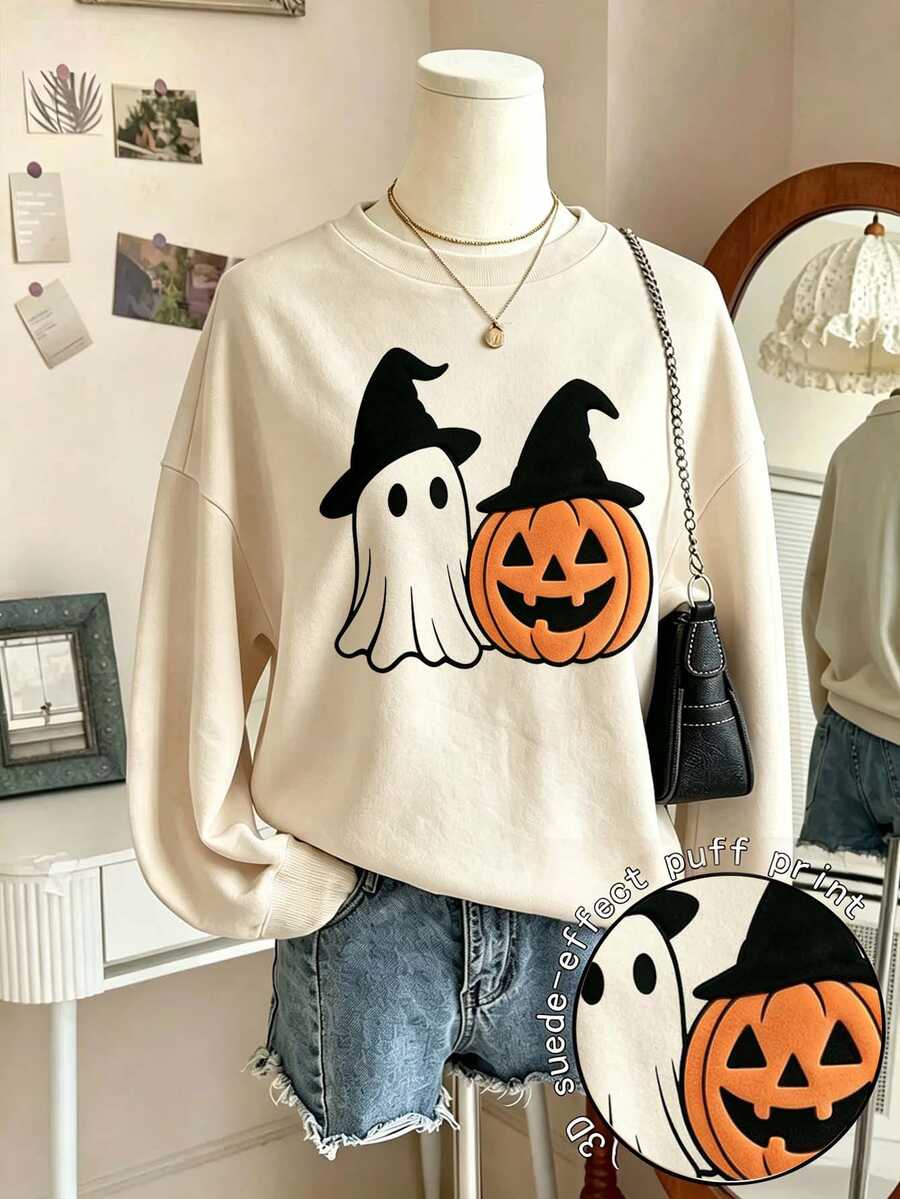 INAWLY Women's Autumn Halloween 3D Flocked Foam Print Crew Neck Sweatshirt - Khaki - View 1