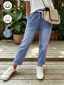 Balvessa Fall Casual Vintage Straight Leg Stretchy Drawstring Cuffed Blue Denim Daily Wear Jeans For Women - Light Wash - View 4
