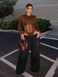 SHEIN SXY Women's Round Neck Long Sleeve Hollow Out Sexy Bodysuit - Brown - View 2
