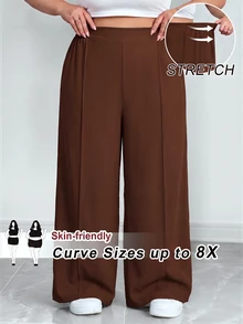 SHEIN CURVE+ 大尺碼女款純色百褶長褲，黑色寬鬆寬腿褲，Curve Plus，Hoho Vacation - 棕色 - 查看 1