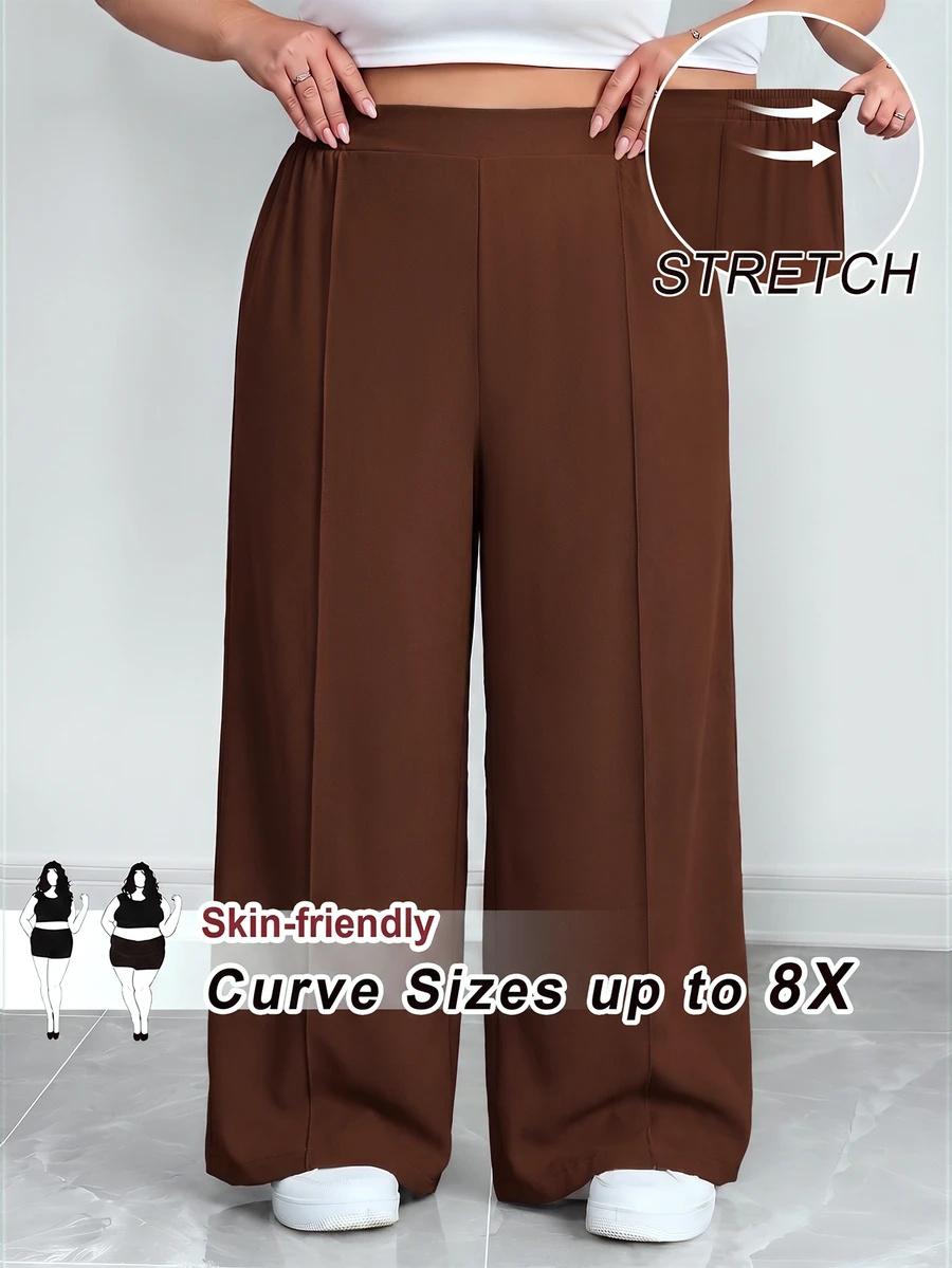 SHEIN CURVE+ 大尺碼女款純色百褶長褲,黑色寬鬆寬腿褲,Curve Plus,Hoho Vacation - 棕色 - 查看 1