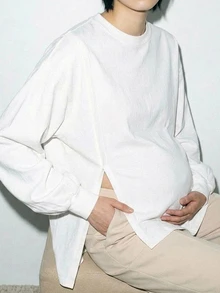 DAZY Solid Color Loose Round Neck Long Sleeve Split Hem Casual Daily Holiday Spring Autumn Top Maternity T-Shirt - White - View 4